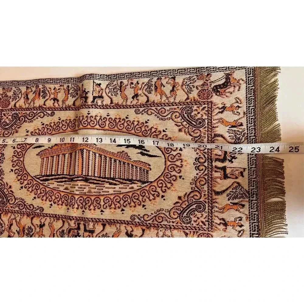 Vintage Greek Mount Olympus Table Cloth‎ Tapestry Runner Fringe Rare